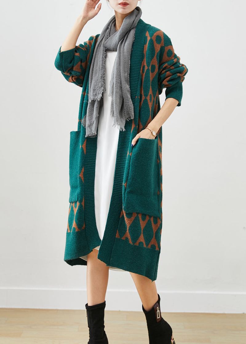 Boho Green Oversized Patchwork Lommer Strikket Cardigan Fall - Cardigans for kvinner