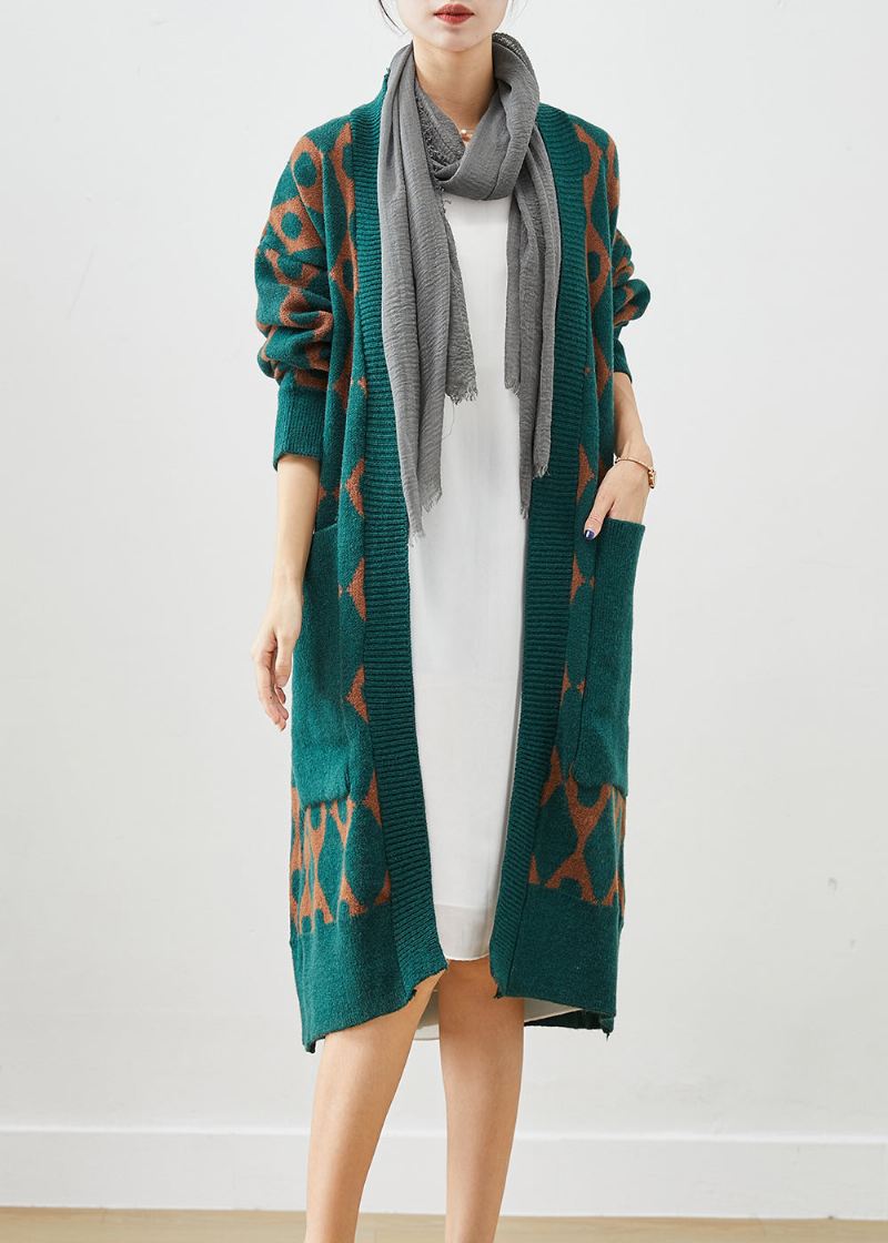 Boho Green Oversized Patchwork Lommer Strikket Cardigan Fall - Cardigans for kvinner