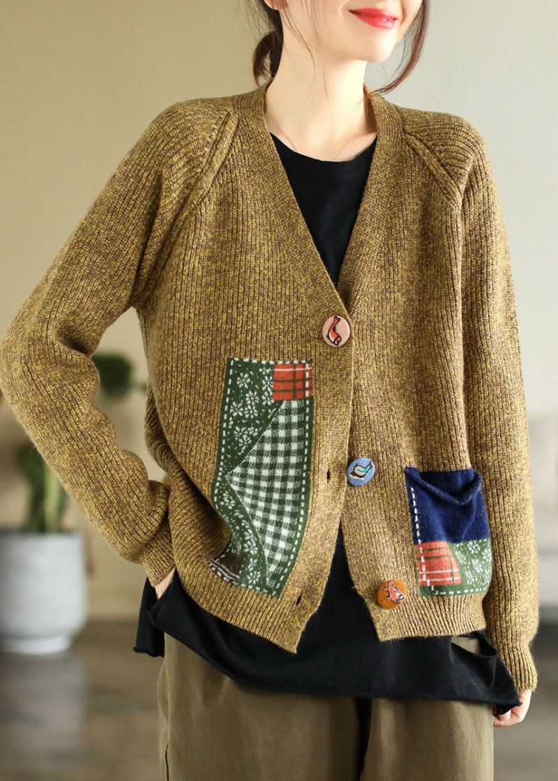 Boho Gul V-hals Patchwork Applikasjonsstrikkede Cardigans Vinter