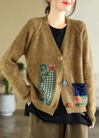 Boho Gul V-hals Patchwork Applikasjonsstrikkede Cardigans Vinter