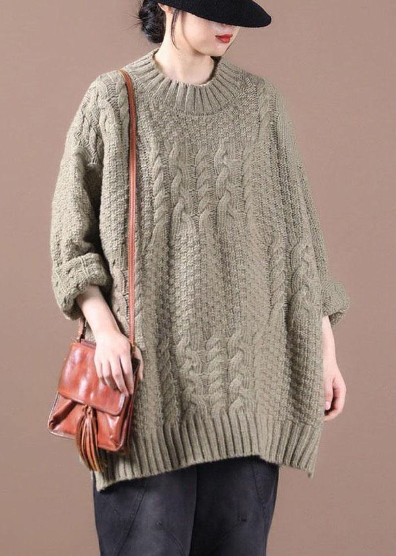 Boho Khaki Løs Kabelstrikk Fall Long Knit Topp