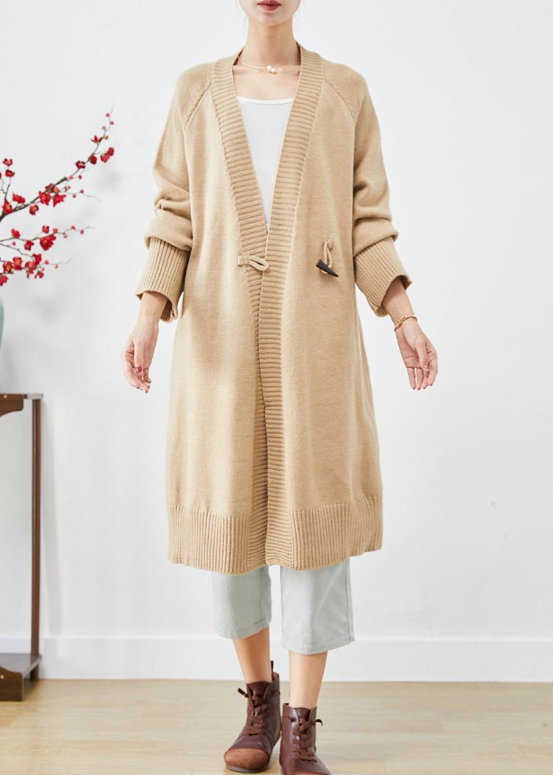 Boho Light Camel Oversized Horn Button Strikk Løs Frakk Fall