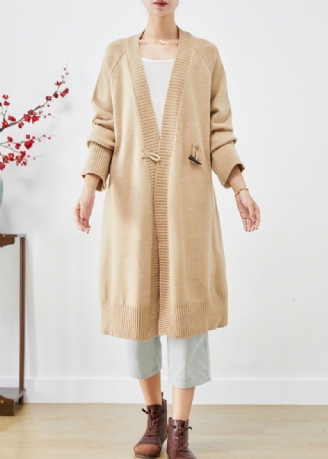 Boho Light Camel Oversized Horn Button Strikk Løs Frakk Fall