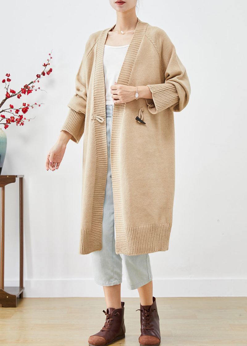 Boho Light Camel Oversized Horn Button Strikk Løs Frakk Fall - Cardigans for kvinner