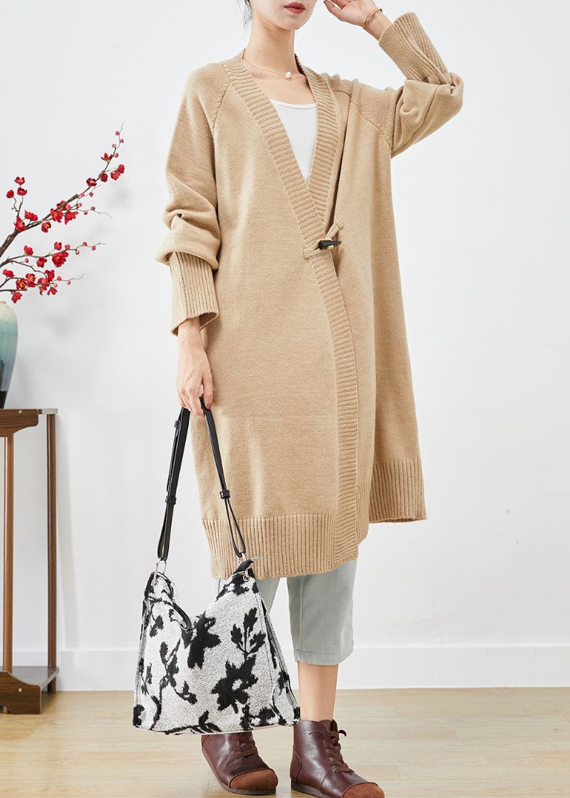 Boho Light Camel Oversized Horn Button Strikk Løs Frakk Fall - Cardigans for kvinner