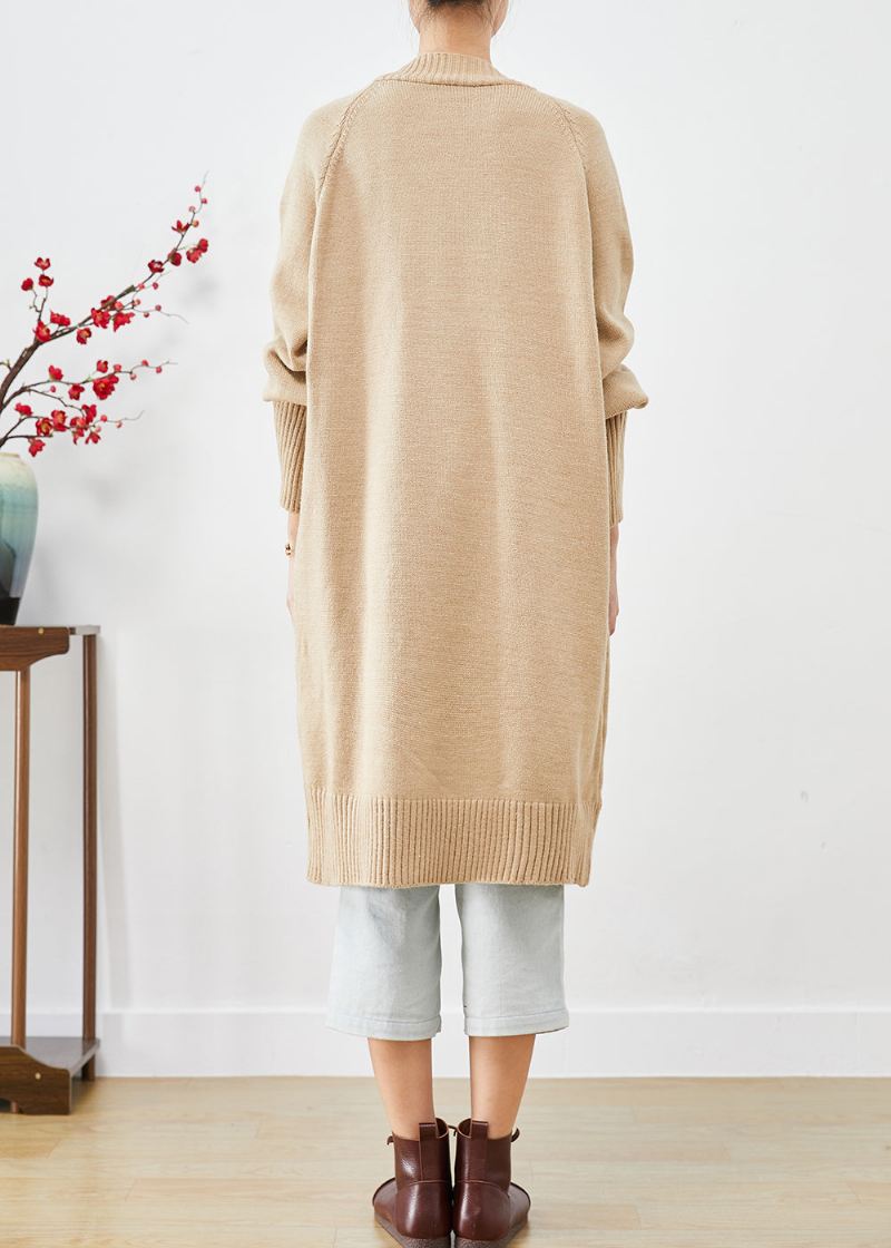 Boho Light Camel Oversized Horn Button Strikk Løs Frakk Fall - Cardigans for kvinner