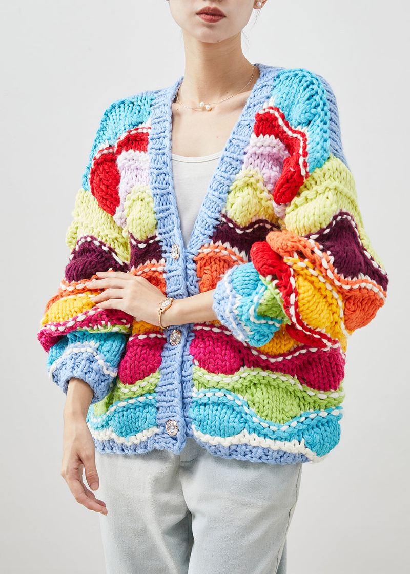 Boho Rainbow Oversized Patchwork Knit Cardigan Spring - Cardigans for kvinner