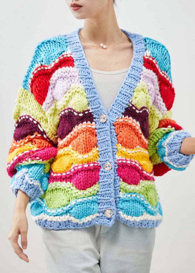 Boho Rainbow Oversized Patchwork Knit Cardigan Spring - Cardigans for kvinner