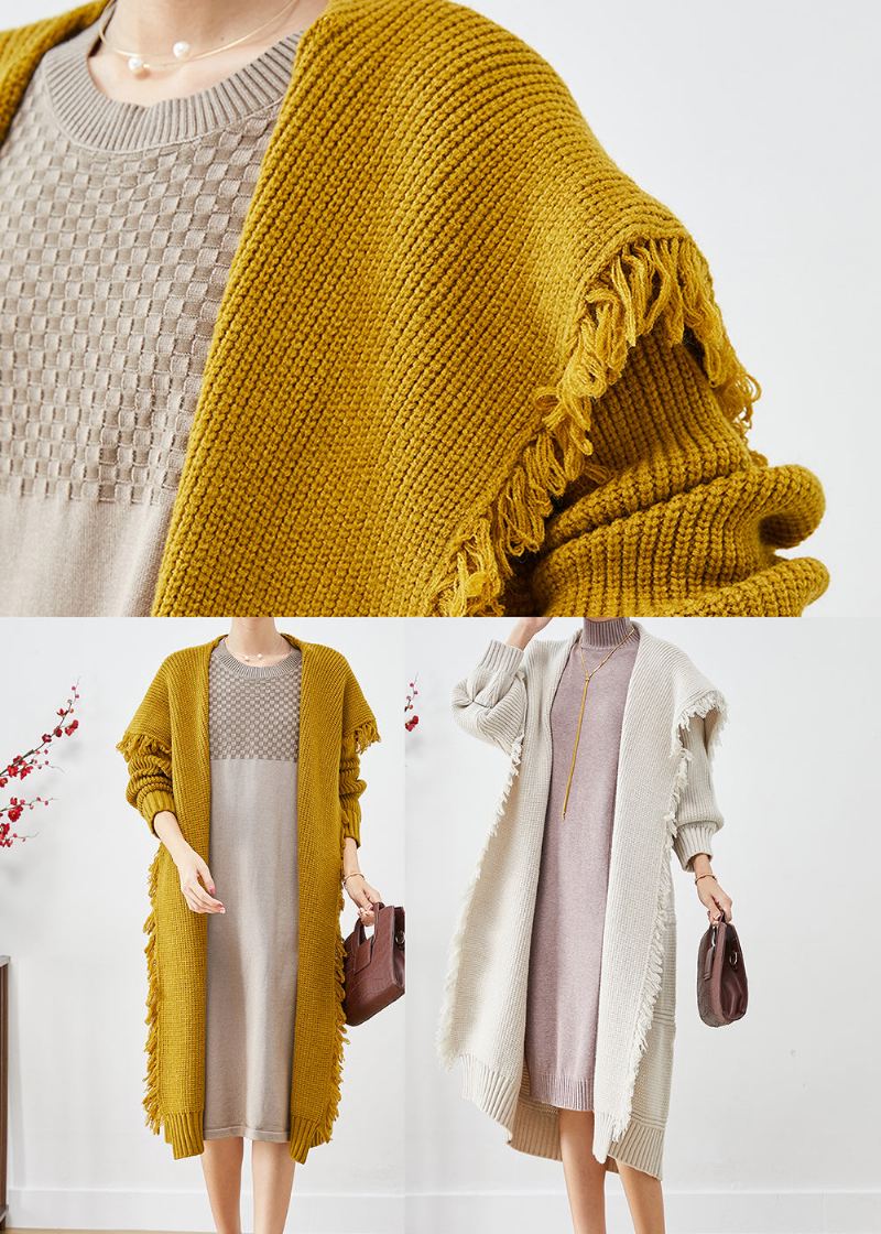 Boho Yellow Sailor Collar Tasseled Knit Cardigan Fall - Cardigans for kvinner