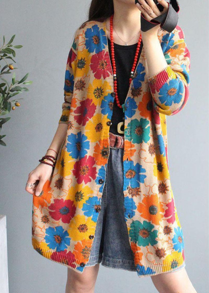 Boutique Aprikos V-hals Print Button Fall Strikk Cardigan Langermet - Cardigans for kvinner