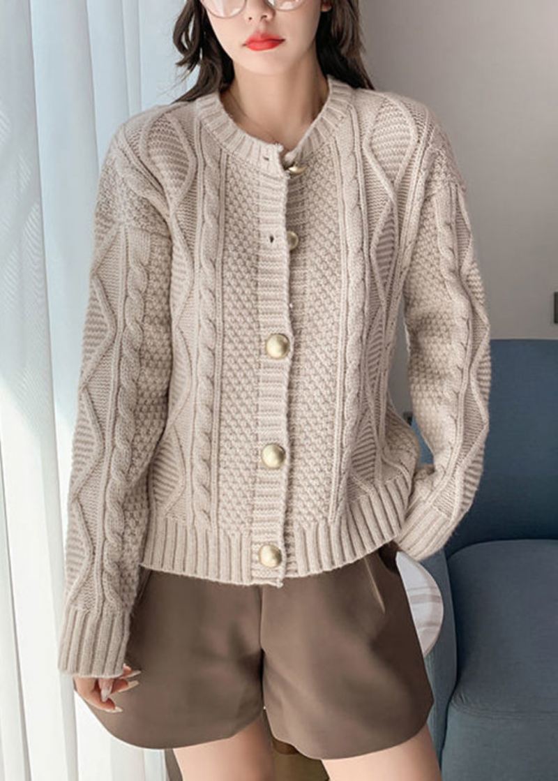 Boutique Beige O-hals Knapp Kabel Strikket Cardigan Fall