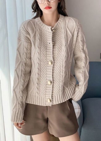 Boutique Beige O-hals Knapp Kabel Strikket Cardigan Fall