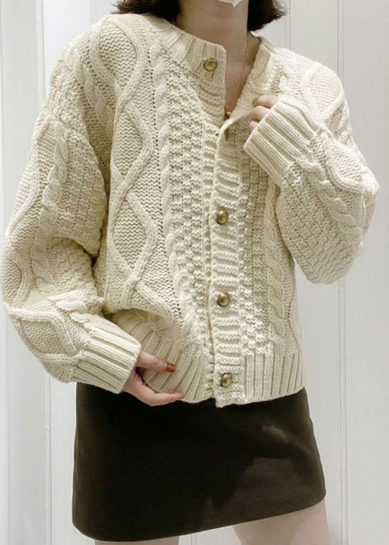 Boutique Beige O-hals Knapp Kabel Strikket Cardigan Fall - Beige