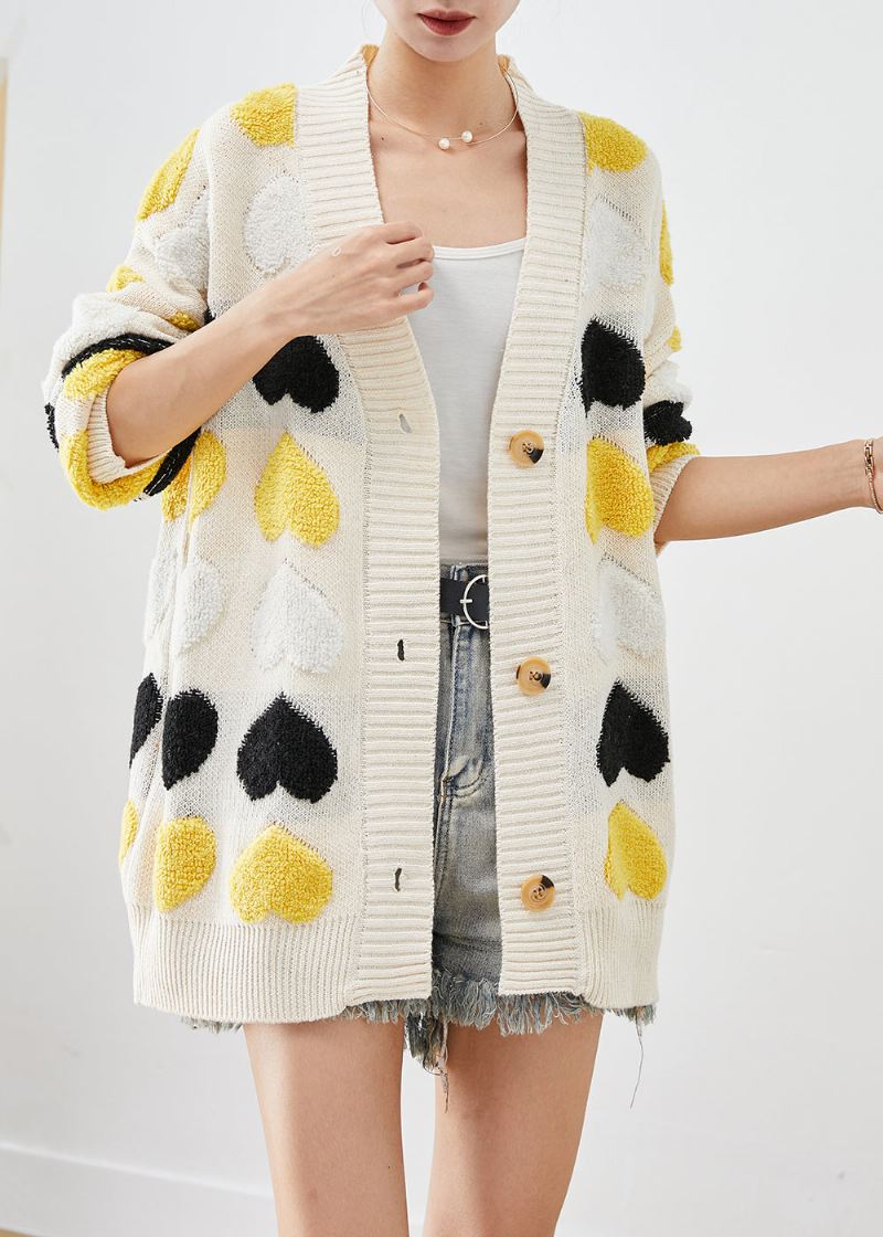 Boutique White Love Jacquard Button Down Knit Cardigan Fall - Cardigans for kvinner