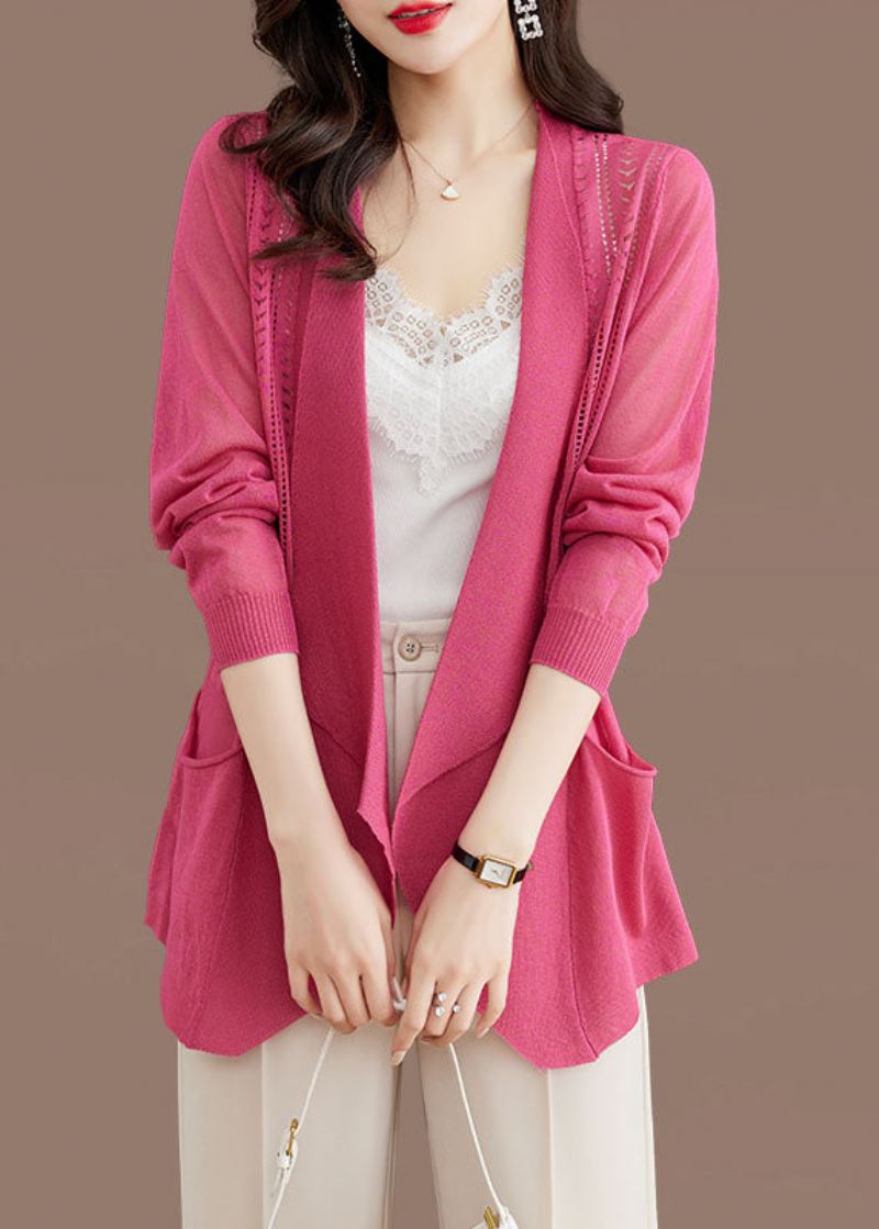 Brief Rose Notched Lommer Ice Size Strikke Cardigans Sommer