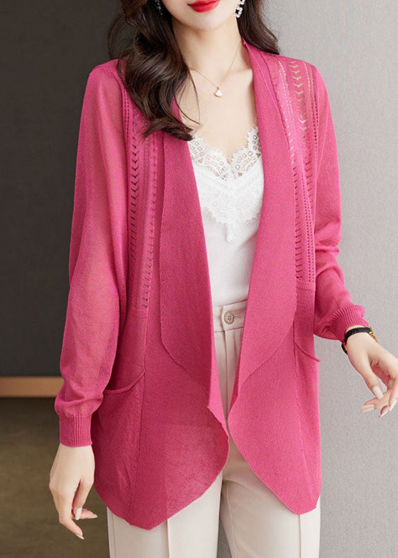 Brief Rose Notched Lommer Ice Size Strikke Cardigans Sommer - Rose