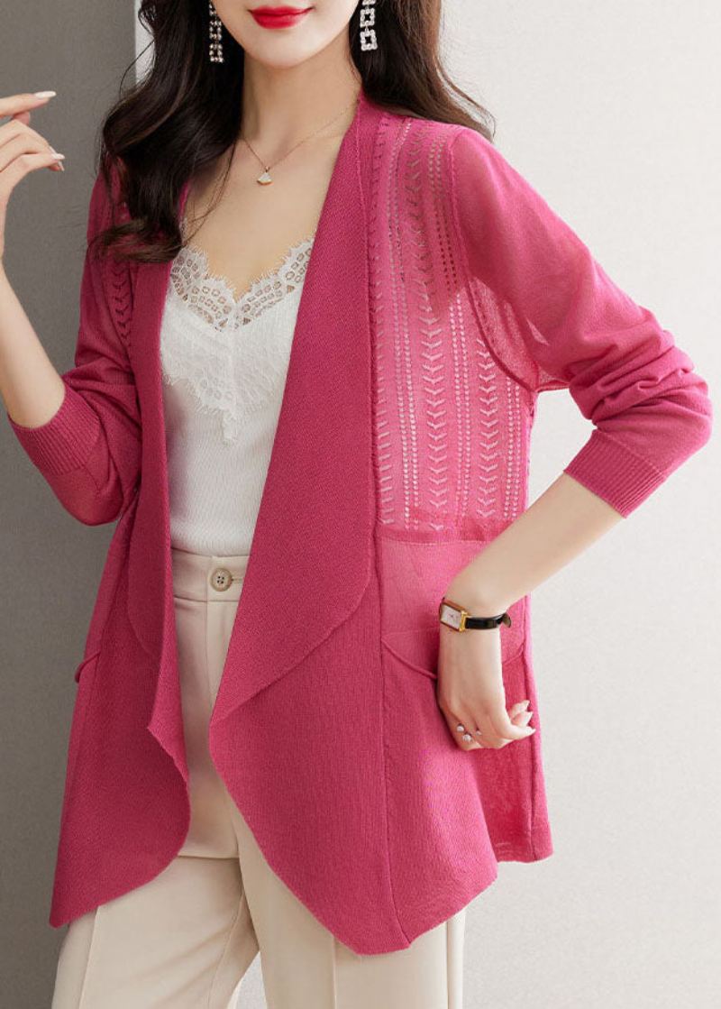 Brief Rose Notched Lommer Ice Size Strikke Cardigans Sommer - Rose