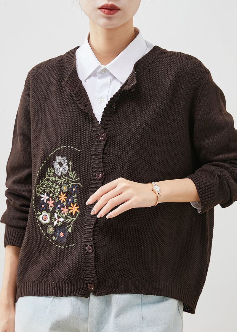 Brun Cozy Knit Cardigan Brodert Spring - Cardigans for kvinner