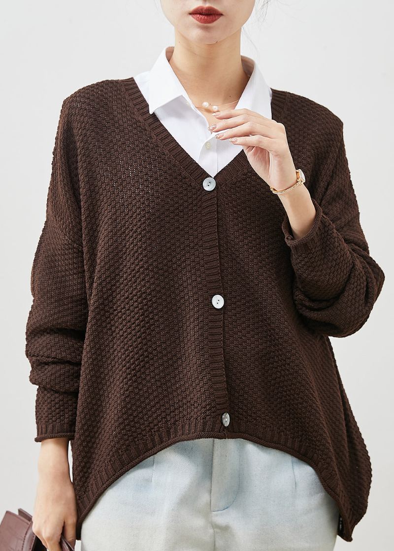 Brun Oversized Knit Loose Coat V Neck Spring - Cardigans for kvinner