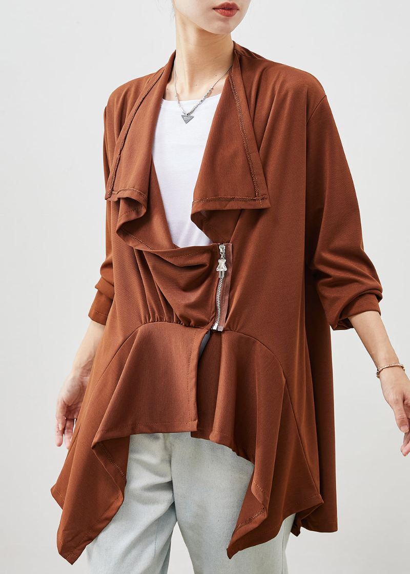 Caramel Patchwork Cotton Cardigans Asymmetrisk Spring - Cardigans for kvinner