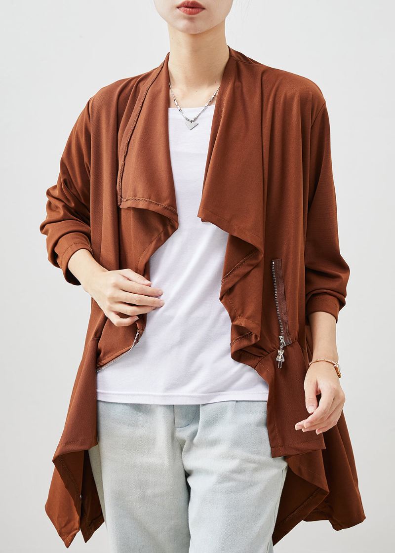 Caramel Patchwork Cotton Cardigans Asymmetrisk Spring - Cardigans for kvinner