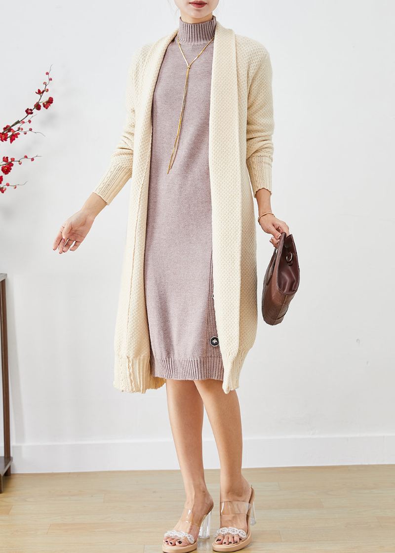 Casual Beige Oversized Cashmere Strikkede Lange Cardigans Høst - Cardigans for kvinner