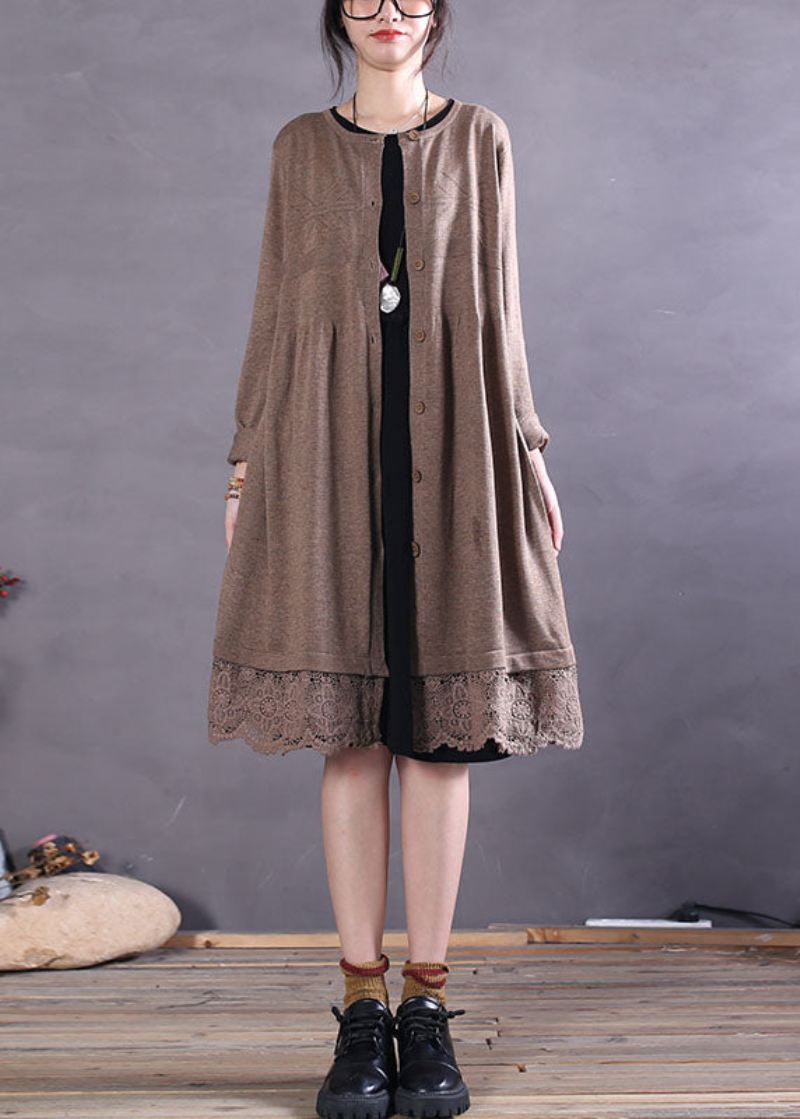 Casual Khaki Button Hollow Out Patchwork Strikket Cardigan Spring