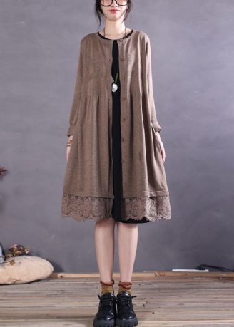 Casual Khaki Button Hollow Out Patchwork Strikket Cardigan Spring