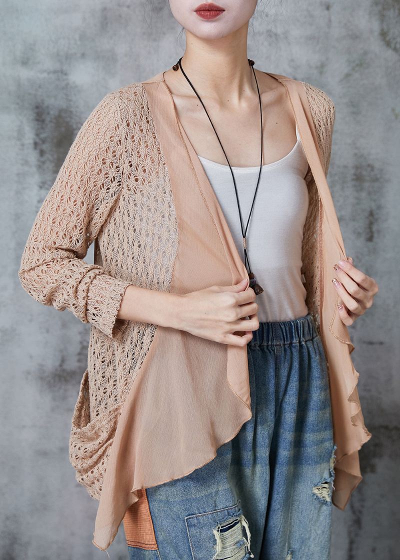 Chic Khaki Hollow Out Patchwork Knit Cardigan Summer