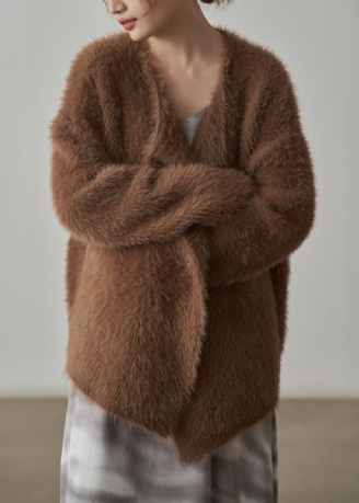 Coffee Chunky Mink Hair Strikket Cardigan V-hals Langermet