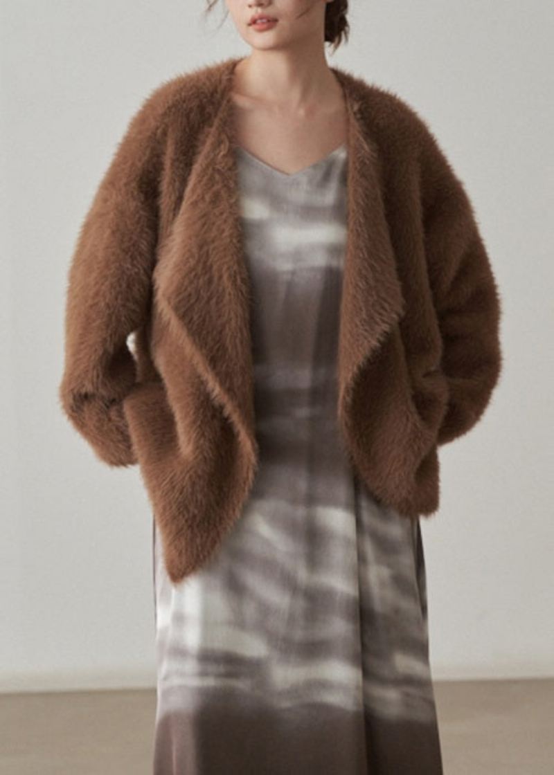 Coffee Chunky Mink Hair Strikket Cardigan V-hals Langermet - Cardigans for kvinner