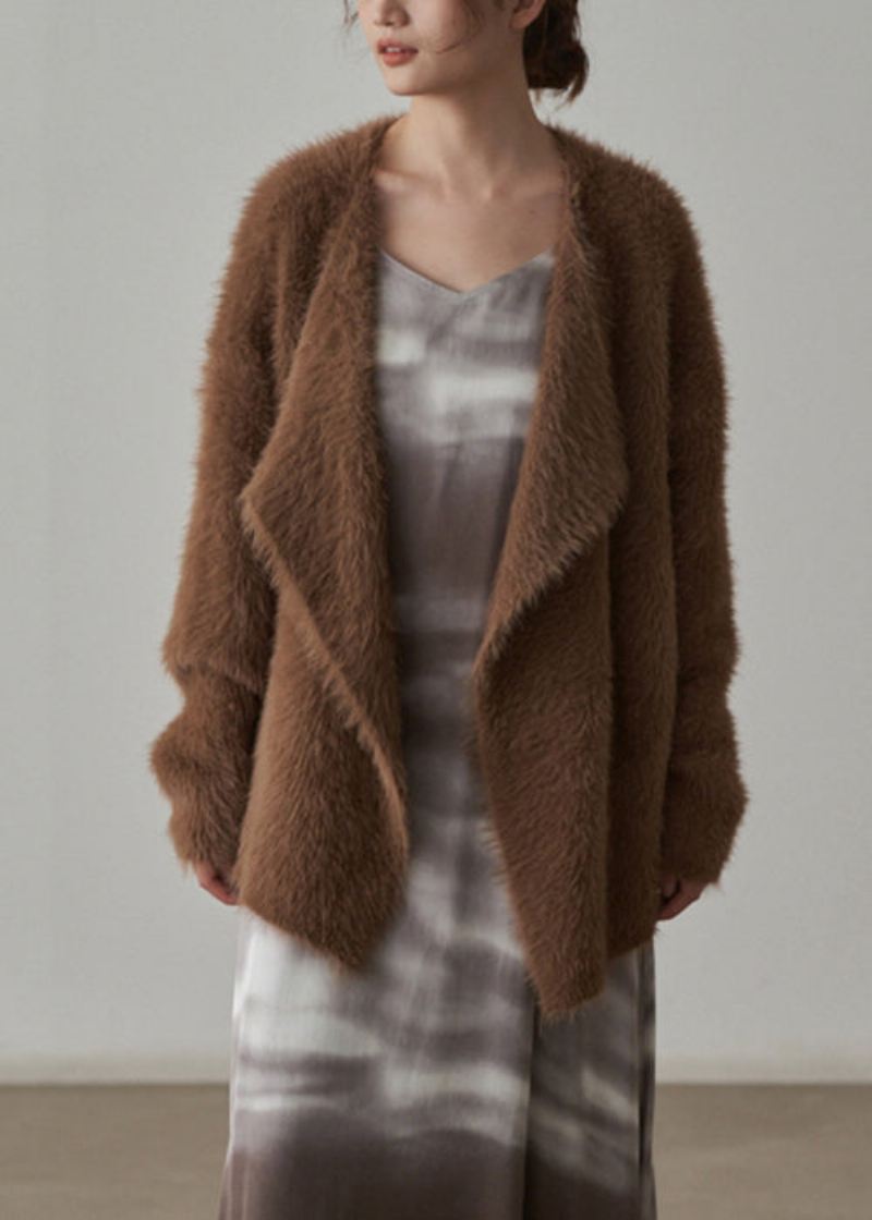 Coffee Chunky Mink Hair Strikket Cardigan V-hals Langermet - Cardigans for kvinner