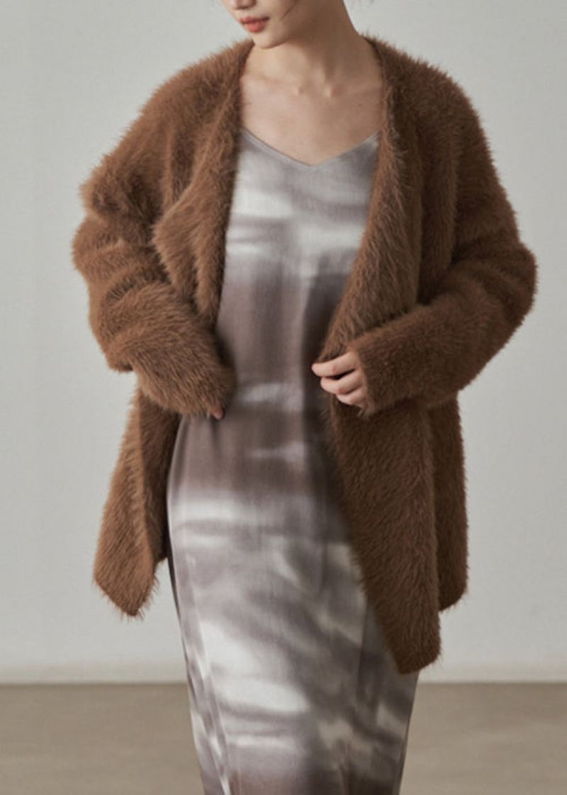 Coffee Chunky Mink Hair Strikket Cardigan V-hals Langermet - Cardigans for kvinner