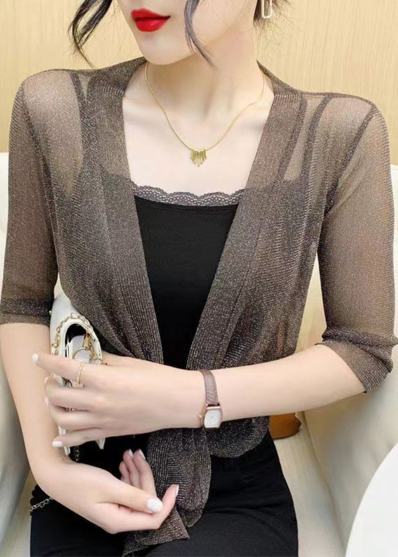 Coffee Lace Up Tulle Cardigan V-hals Halv Erme