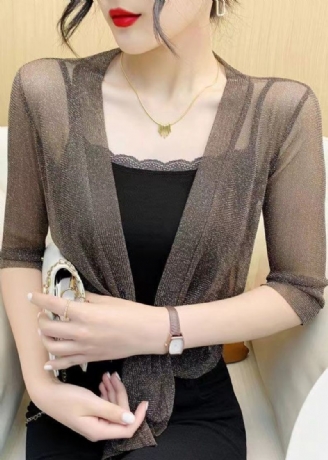 Coffee Lace Up Tulle Cardigan V-hals Halv Erme