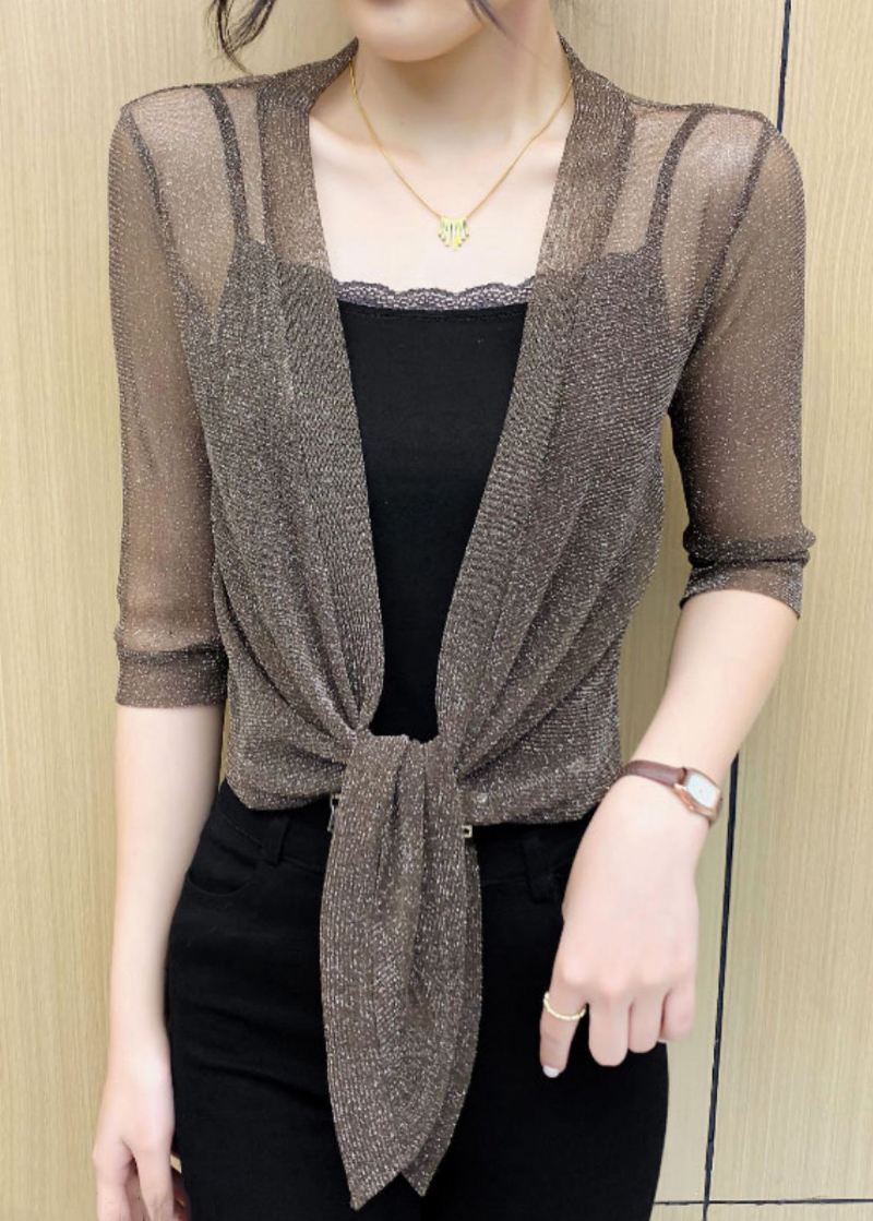 Coffee Lace Up Tulle Cardigan V-hals Halv Erme - Cardigans for kvinner