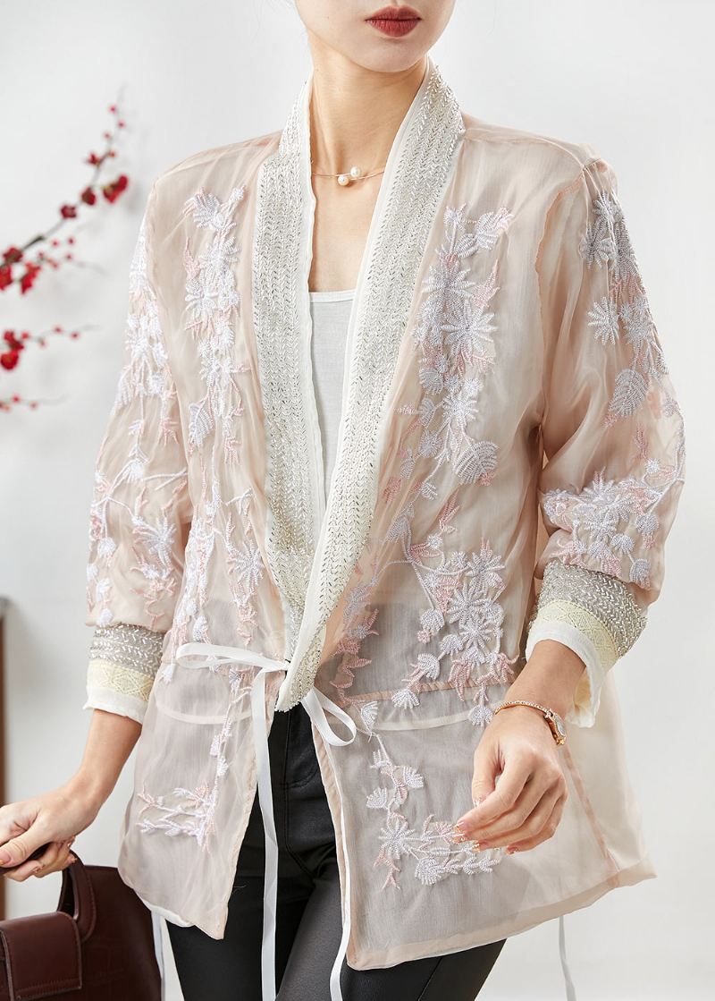 Dame Aprikos Brodert Silke Bomull Cardigan Sommer - Cardigans for kvinner