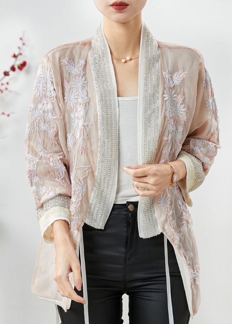 Dame Aprikos Brodert Silke Bomull Cardigan Sommer - Cardigans for kvinner