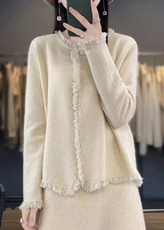 Dame Beige Solid Button Strikket Cotton Cardigans Spring