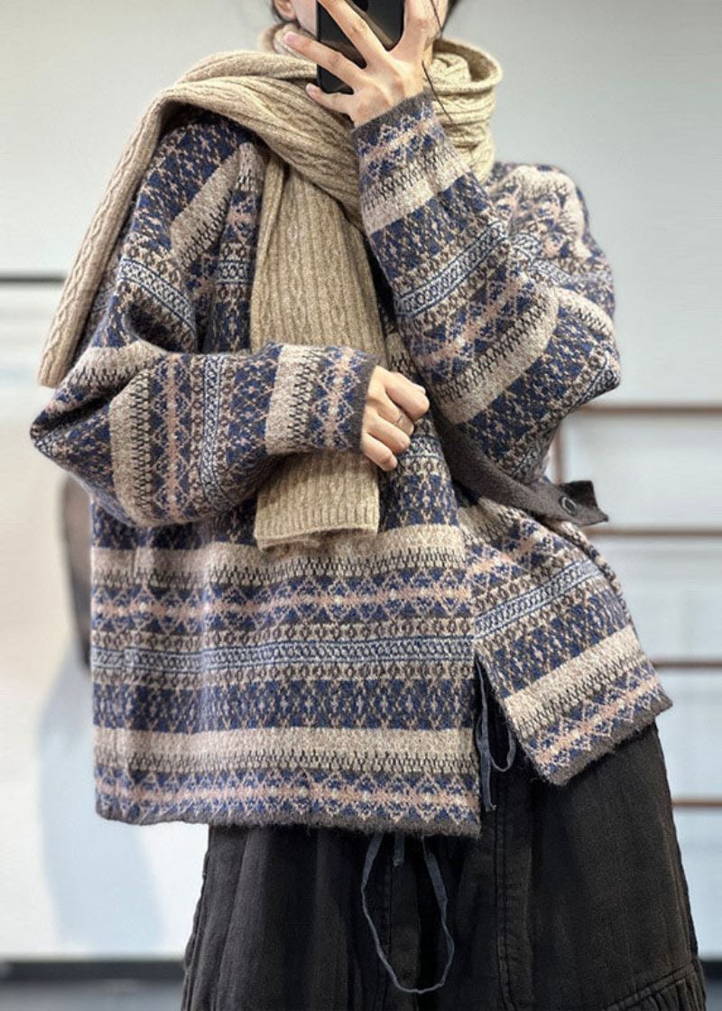 Dame Blå Asymmetrisk Oversized Print Ull Strikket Cardigan Vinter - Cardigans for kvinner