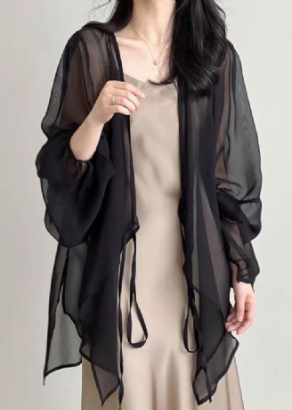 Dame Black Lace Up Thin Chiffon Cardigan Spring