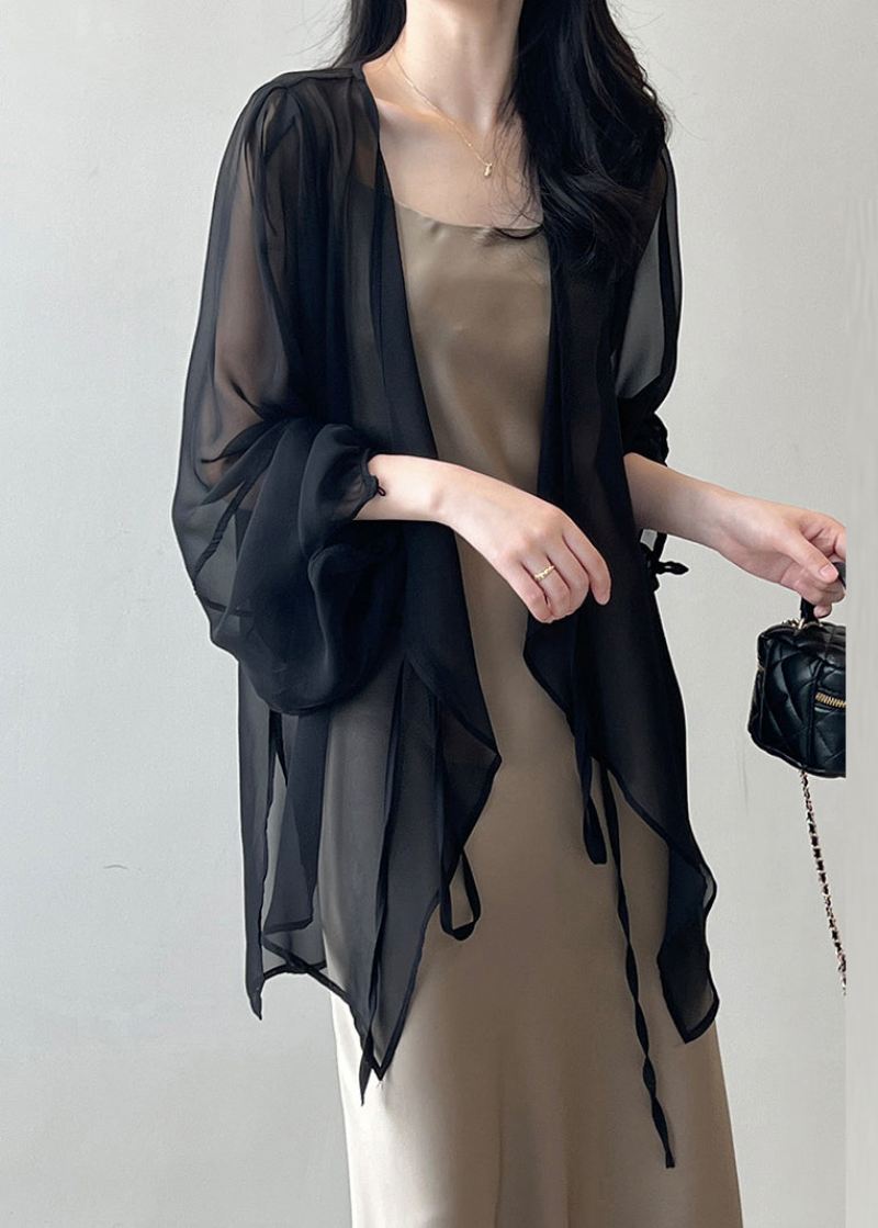 Dame Black Lace Up Thin Chiffon Cardigan Spring - Cardigans for kvinner