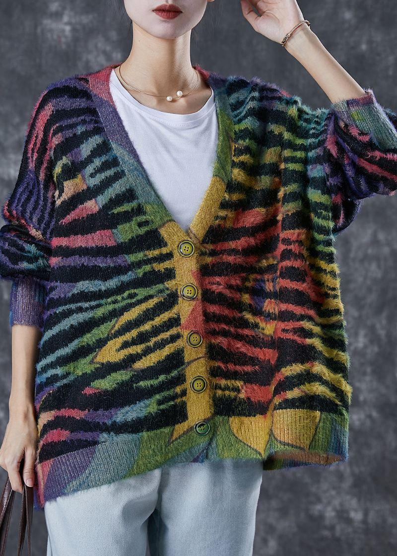 Dame Rainbow Oversized Stripet Strikket Cardigan Vinter