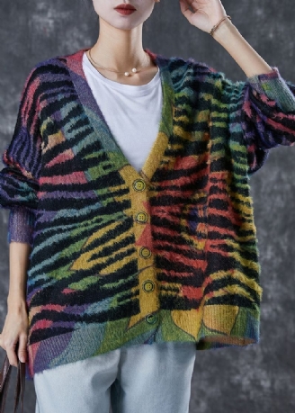 Dame Rainbow Oversized Stripet Strikket Cardigan Vinter