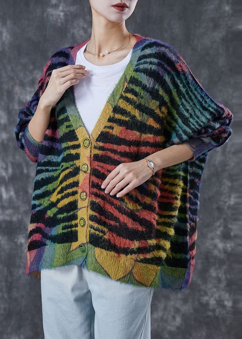 Dame Rainbow Oversized Stripet Strikket Cardigan Vinter - Cardigans for kvinner