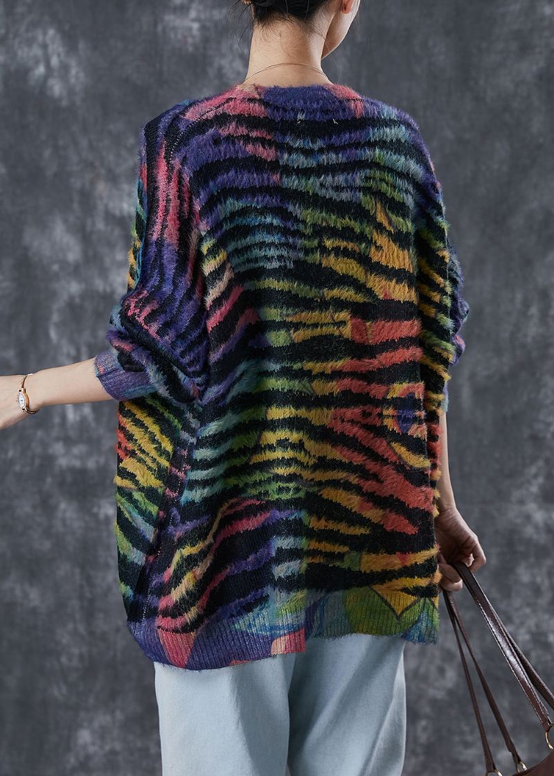 Dame Rainbow Oversized Stripet Strikket Cardigan Vinter - Cardigans for kvinner