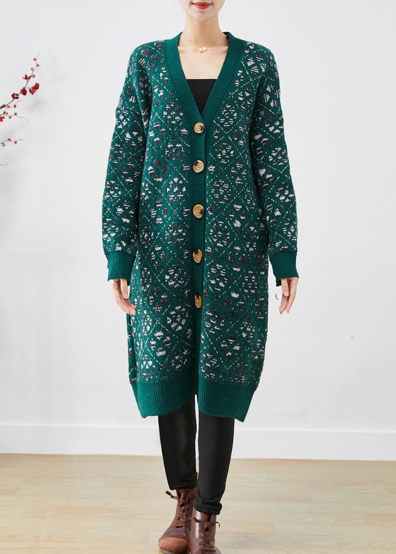 Diy Blackish Green Print Button Warm Knit Loose Coat Fall