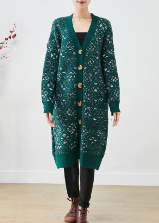 Diy Blackish Green Print Button Warm Knit Loose Coat Fall