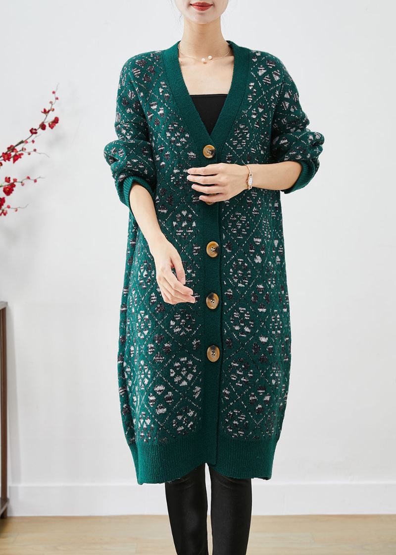 Diy Blackish Green Print Button Warm Knit Loose Coat Fall - Cardigans for kvinner