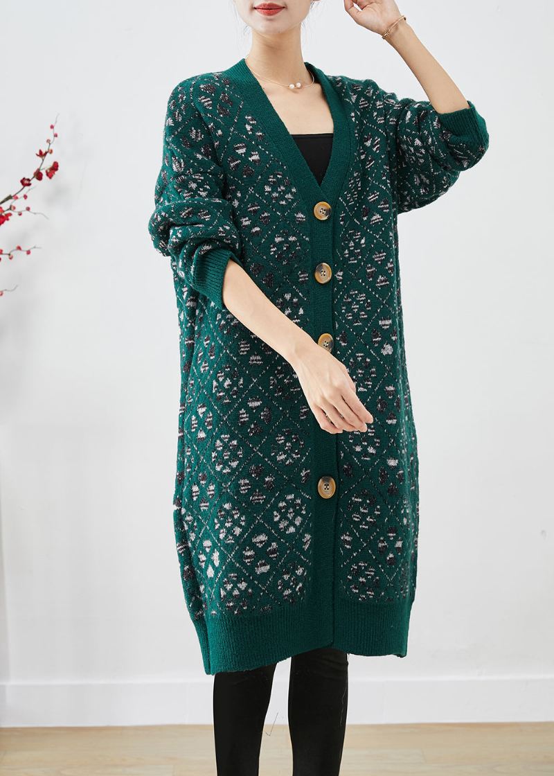 Diy Blackish Green Print Button Warm Knit Loose Coat Fall - Cardigans for kvinner